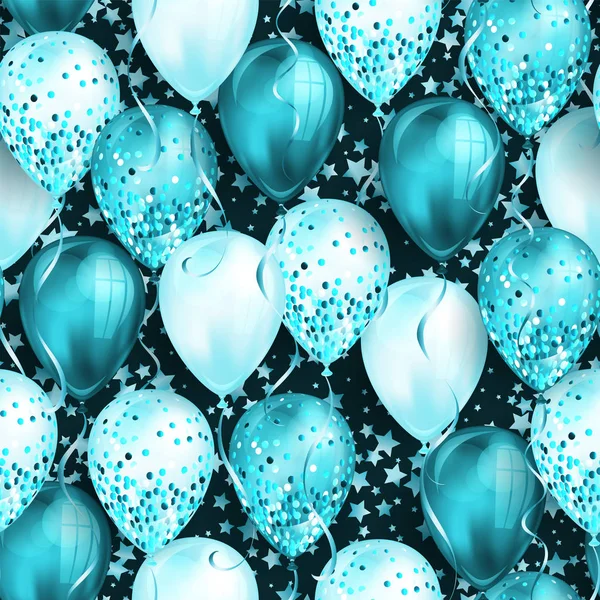 Tasarım için yıldız ve parlak mavi gerçekçi 3d helyum balonları ile dikişsiz desen. Parıltılı ve kurdeleli parlak balonlar, doğum günü partisi broşürleri için mükemmel arka plan, davet kartı — Stok Vektör