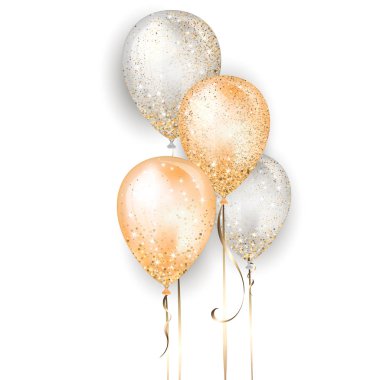 Uçan parlak beyaz ve sarı parlak gerçekçi 3d helyum balonlar altın kurdele ve ışıltılı ışıltılar, doğum günü partisi broşürleri, davet kartı veya bebek duş için mükemmel dekorasyon