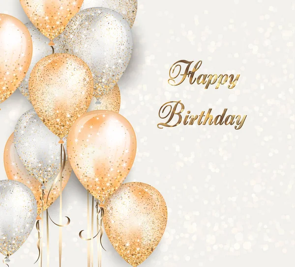 Fondo con globos dorados y blancos en cuerdas con brillo dorado para la decoración de cumpleaños. Tarjeta de invitación realista brillante brillante con efecto bokeh — Vector de stock