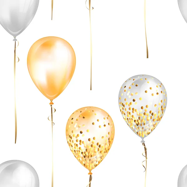 Летающие глянцевые белые и желтые блестящие реалистичные воздушные шары из гелия с золотой лентой и блестками, идеальное украшение для брошюр на день рождения, пригласительная открытка или детская вечеринка — стоковый вектор