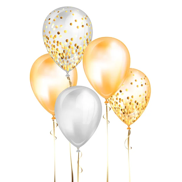 Flying glossy white and yellow shiny realistic 3D helium balloons with gold ribbon and glitter sparkles, perfect decoration for birthday party brochures, invitation card or baby shower — Stock Vector