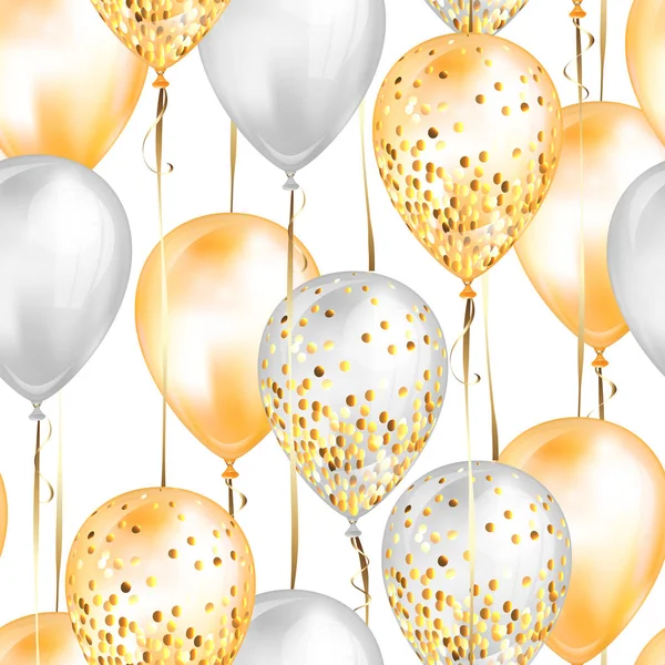 Patrón sin costuras con brillantes globos de helio 3D realistas blancos y dorados con brillo y cinta de oro, decoración perfecta para folletos de fiestas de cumpleaños, tarjetas de invitación o baby shower — Vector de stock