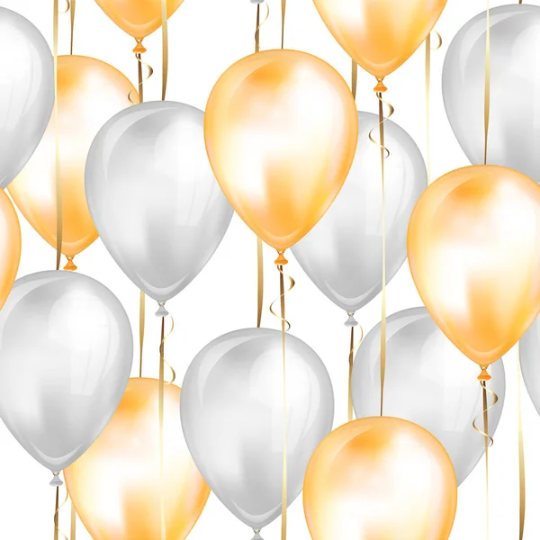 Padrão sem costura com branco brilhante e amarelo brilhante balões de hélio 3D realistas com fita de ouro, decoração perfeita para folhetos de festa de aniversário, cartão de convite ou chá de bebê —  Vetores de Stock
