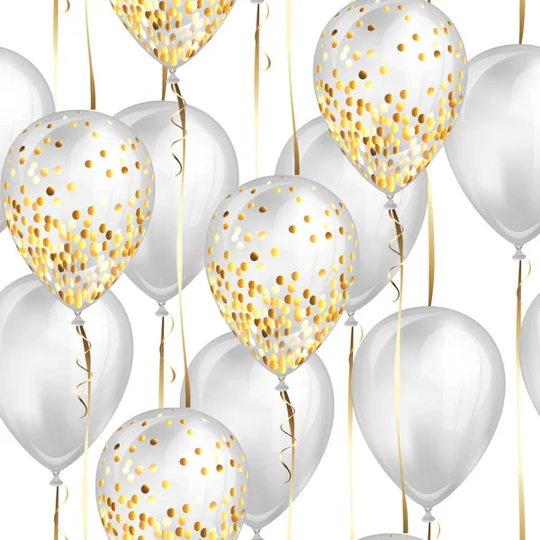 Sömlösa mönster med glänsande vit och guld glänsande realistiska 3D helium ballonger med glitter och guld band, perfekt dekoration för födelsedagskalas broschyrer, inbjudningskort eller baby shower — Stock vektor