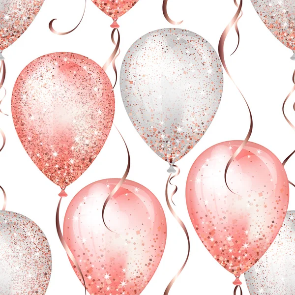 Bezešvé vzory s lesklými bílými a růžovými lesklými, zářivě 3D balónky s třpytem a zlatou stuhou, perfektní dekorace pro brožury o narozeninách, pozvánky na oslavu narození a dětská sprcha — Stockový vektor