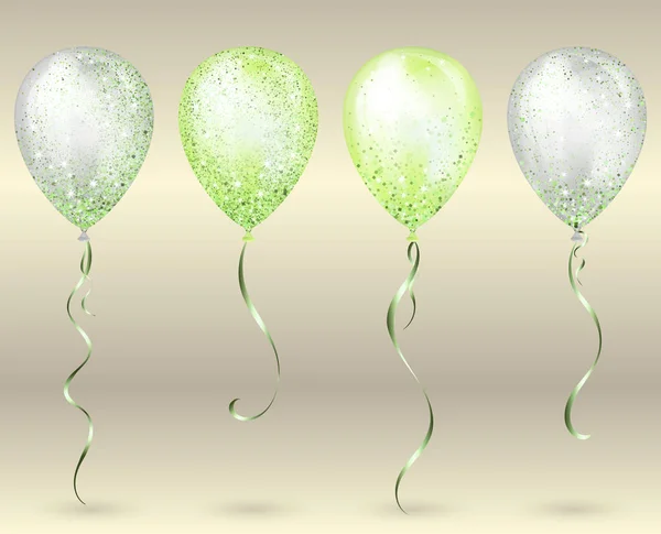 飞行光泽白色和绿色闪亮的逼真的3D氦气球与金丝带和闪闪发光的火花，完美的装饰生日派对小册子，邀请卡或婴儿淋浴 — 图库矢量图片