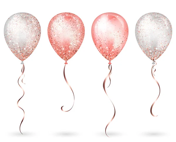 Летающие глянцевые белые и розовые блестящие реалистичные воздушные шары из гелия с золотой лентой и блестками, идеальное украшение для брошюр на день рождения, пригласительная открытка или детская вечеринка — стоковый вектор