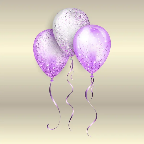 Flying glossy white and purple shiny realistic 3D helium balloons with gold ribbon and glitter sparkles, perfect decoration for birthday party brochures, invitation card or baby shower — Stock Vector