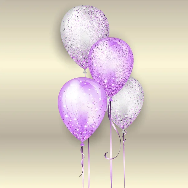 Flying glossy white and purple shiny realistic 3D helium balloons with gold ribbon and glitter sparkles, perfect decoration for birthday party brochures, invitation card or baby shower — Stock Vector