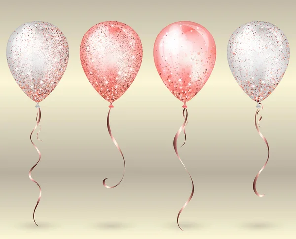 Vliegende glanzende witte en roze glanzende realistische 3D helium ballonnen met gouden lint en glitter sparkles, perfecte decoratie voor verjaardagsfeestje brochures, uitnodigingskaart of baby shower — Stockvector