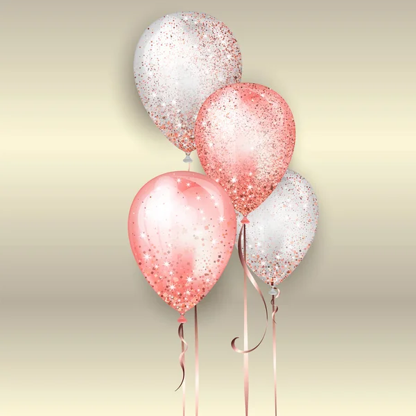 Globos de helio 3D brillantes blancos y rosados brillantes voladores con cinta de oro y destellos de brillo, decoración perfecta para folletos de fiestas de cumpleaños, tarjetas de invitación o baby shower — Archivo Imágenes Vectoriales