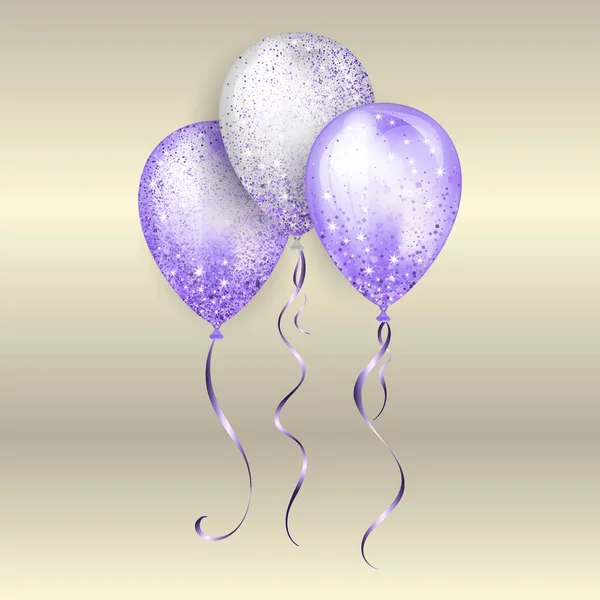 Flying glossy white and purple shiny realistic 3D helium balloons with gold ribbon and glitter sparkles, perfect decoration for birthday party brochures, invitation card or baby shower — Stock Vector