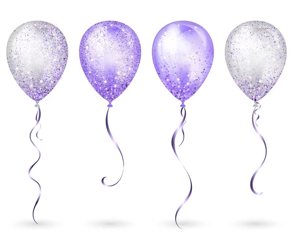 Globos de helio 3D brillantes blancos y púrpuras brillantes voladores con cinta de oro y destellos de brillo, decoración perfecta para folletos de fiestas de cumpleaños, tarjetas de invitación o baby shower — Archivo Imágenes Vectoriales