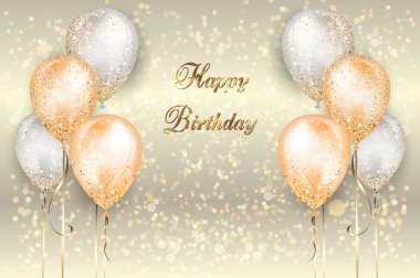 Doğum günü dekorasyonu için altın glitter ile dizeleri üzerinde altın ve beyaz balonlar ile Arka plan. Bokeh efektli parlak gerçekçi davetiye kartı