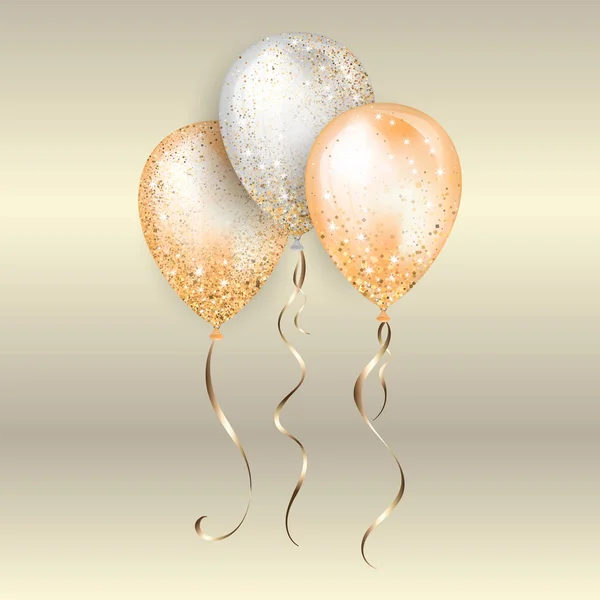 Flying glänsande vit och gul glänsande realistiska 3D helium ballonger med guld band och glitter gnistrar, perfekt dekoration för födelsedagskalas broschyrer, inbjudningskort eller baby shower — Stock vektor