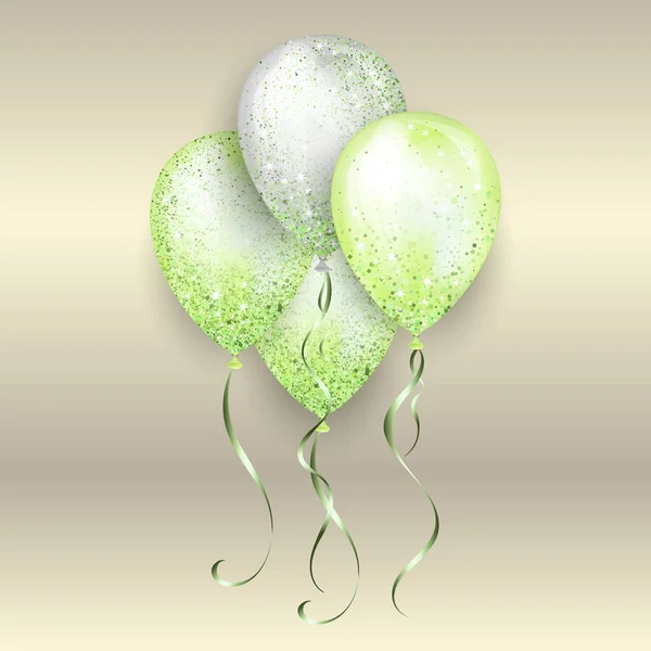 Fliegende glänzend weiße und grün glänzende 3D-Heliumballons mit Goldband und Glitzerfunkeln, perfekte Dekoration für Geburtstagsprospekte, Einladungskarte oder Babydusche — Stockvektor