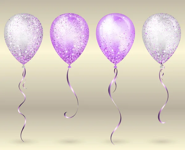 Flying glossy white and purple shiny realistic 3D helium balloons with gold ribbon and glitter sparkles, perfect decoration for birthday party brochures, invitation card or baby shower — Stock Vector