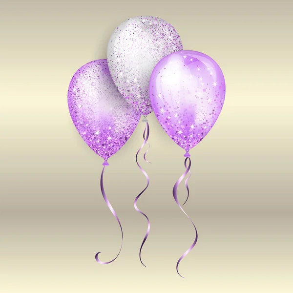 Voando brilhante branco e roxo brilhante balões de hélio 3D realistas com fita de ouro e brilho brilhos, decoração perfeita para folhetos de festa de aniversário, cartão de convite ou chá de bebê —  Vetores de Stock