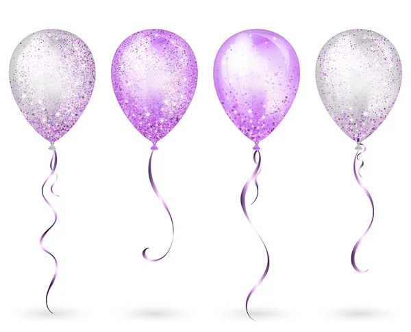 Flying glossy white and purple shiny realistic 3D helium balloons with gold ribbon and glitter sparkles, perfect decoration for birthday party brochures, invitation card or baby shower — Stock Vector