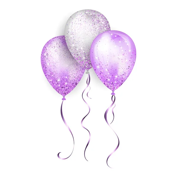 Globos de helio 3D brillantes blancos y púrpuras brillantes voladores con cinta de oro y destellos de brillo, decoración perfecta para folletos de fiestas de cumpleaños, tarjetas de invitación o baby shower — Archivo Imágenes Vectoriales