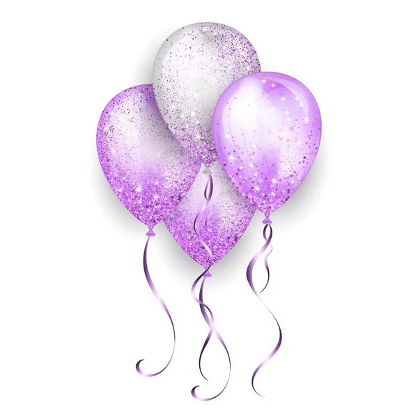 Globos de helio 3D brillantes blancos y púrpuras brillantes voladores con cinta de oro y destellos de brillo, decoración perfecta para folletos de fiestas de cumpleaños, tarjetas de invitación o baby shower — Archivo Imágenes Vectoriales