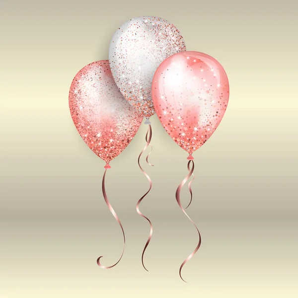Uçan parlak beyaz ve pembe parlak gerçekçi 3d helyum balonlar altın kurdele ve ışıltılı ışıltılar, doğum günü partisi broşürleri, davet kartı veya bebek duş için mükemmel dekorasyon — Stok Vektör