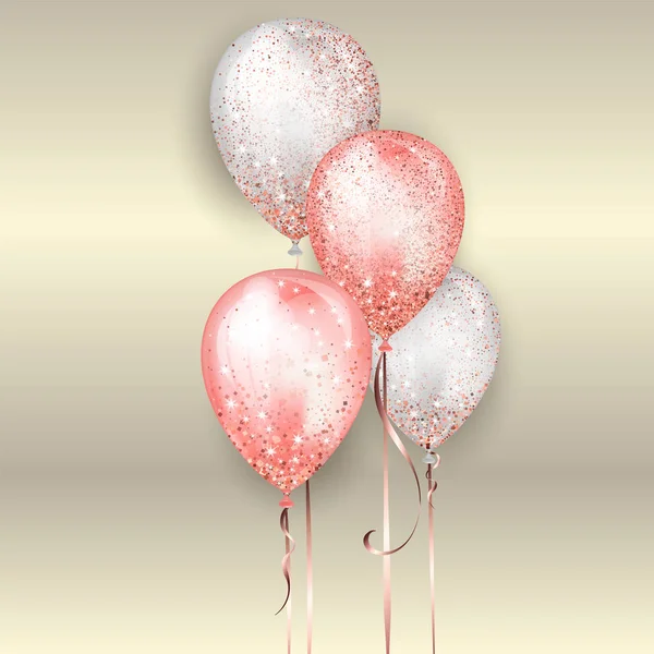 Uçan parlak beyaz ve pembe parlak gerçekçi 3d helyum balonlar altın kurdele ve ışıltılı ışıltılar, doğum günü partisi broşürleri, davet kartı veya bebek duş için mükemmel dekorasyon — Stok Vektör