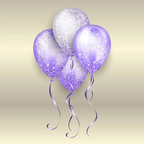 Globos de helio 3D brillantes blancos y púrpuras brillantes voladores con cinta de oro y destellos de brillo, decoración perfecta para folletos de fiestas de cumpleaños, tarjetas de invitación o baby shower — Archivo Imágenes Vectoriales