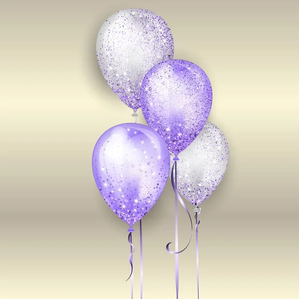 Globos de helio 3D brillantes blancos y púrpuras brillantes voladores con cinta de oro y destellos de brillo, decoración perfecta para folletos de fiestas de cumpleaños, tarjetas de invitación o baby shower — Archivo Imágenes Vectoriales