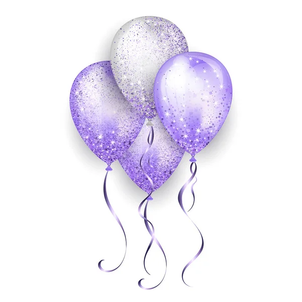 Летающие глянцевые белые и фиолетовые блестящие реалистичные воздушные шары из гелия с золотой лентой и блестками, идеальное украшение для брошюр на день рождения, пригласительная открытка или детская вечеринка — стоковый вектор