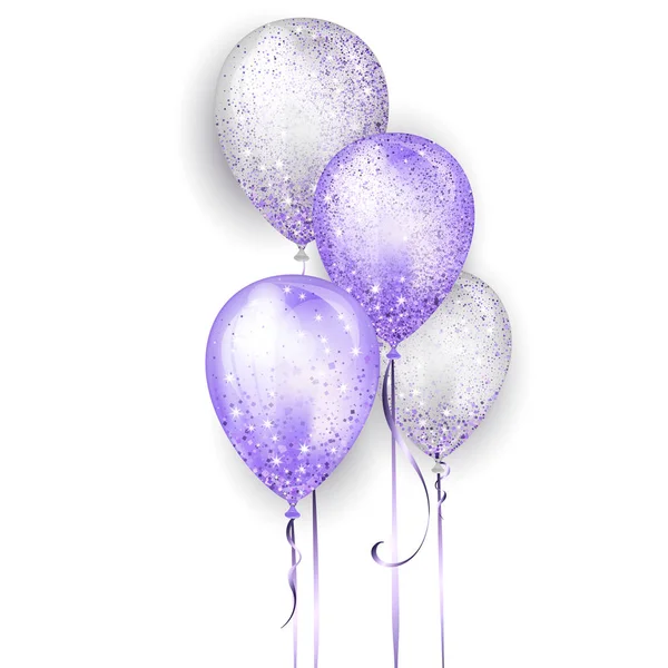 Globos de helio 3D brillantes blancos y púrpuras brillantes voladores con cinta de oro y destellos de brillo, decoración perfecta para folletos de fiestas de cumpleaños, tarjetas de invitación o baby shower — Archivo Imágenes Vectoriales