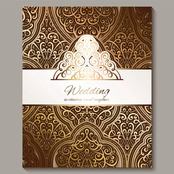 Wedding invitation card with bronze and gold shiny eastern and baroque rich foliage. Ornate islamic background for your design. Islam, Arabic, Indian, Dubai. — Stock Vector