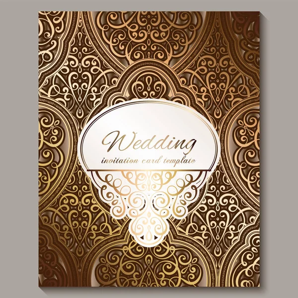 Wedding invitation card with bronze and gold shiny eastern and baroque rich foliage. Ornate islamic background for your design. Islam, Arabic, Indian, Dubai. — Stock Vector