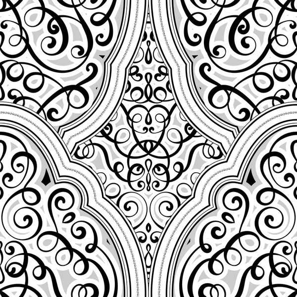 Naadloze patroon zwart-wit glanzend Oosterse en barokke rijke loof. Sierlijke islamitische achtergrond voor uw ontwerp. Islam, Arabisch, Indisch, Dubai. — Stockvector