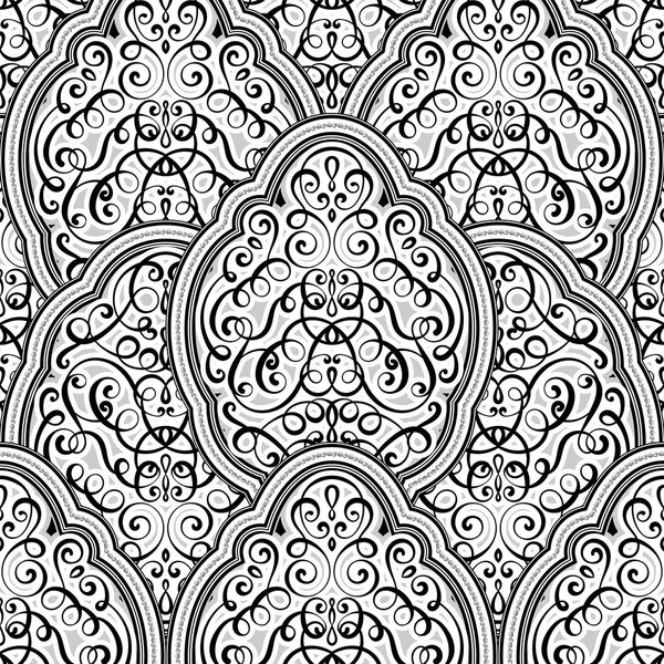 Безшовний візерунок чорно-білі блискучі східні і барокові багаті листя. Багато прикрашений ісламським фоном для вашого дизайну. Іслам, арабська, Індійська, Дубаї. — стоковий вектор