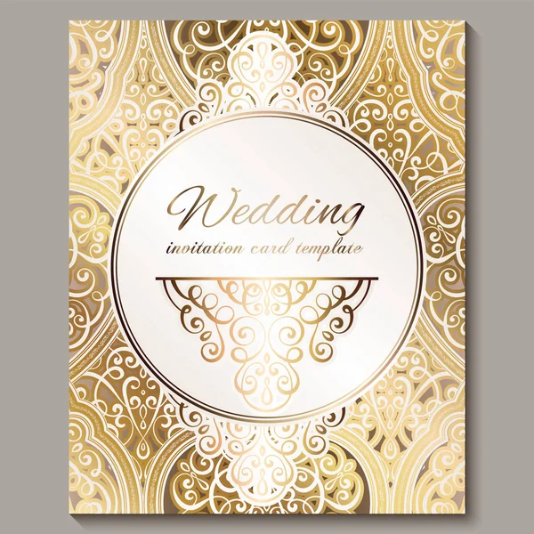 Biglietto d'invito di nozze con oro lucido orientale e ricco fogliame barocco. Sfondo islamico decorato per il vostro disegno. Islam, Arabo, Indiano, Dubai . — Vettoriale Stock
