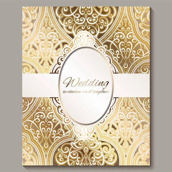 Tarjeta de invitación de boda con oro brillante follaje rico oriental y barroco. Fondo islámico adornado para su diseño. Islam, árabe, indio, Dubai . — Vector de stock