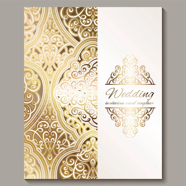 Wedding invitation card with gold shiny eastern and baroque rich foliage. Ornate islamic background for your design. Islam, Arabic, Indian, Dubai. — Stock Vector