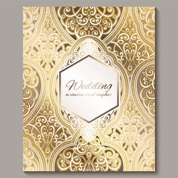 Tarjeta de invitación de boda con oro brillante follaje rico oriental y barroco. Fondo islámico adornado para su diseño. Islam, árabe, indio, Dubai . — Vector de stock