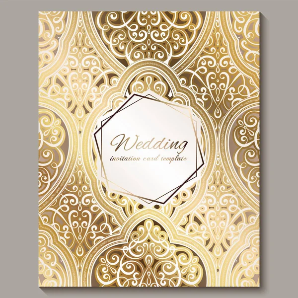 Προσκλητήριο γάμου με χρυσό γυαλιστερό Ανατολικής και μπαρόκ πλούσιο φύλλωμα. Περίτεχνα ισλαμική υπόβαθρο για το σχεδιασμό σας. Ισλάμ, Αραβική, ινδική, Ντουμπάι. — Διανυσματικό Αρχείο