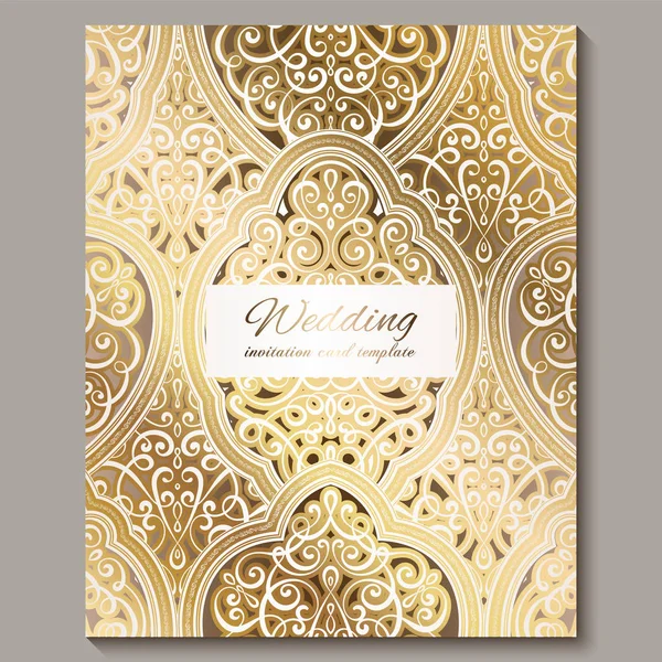 Cartão de convite de casamento com ouro brilhante oriental e barroco rica folhagem. Ornate fundo islâmico para o seu projeto. Islã, árabe, indiano, Dubai . —  Vetores de Stock