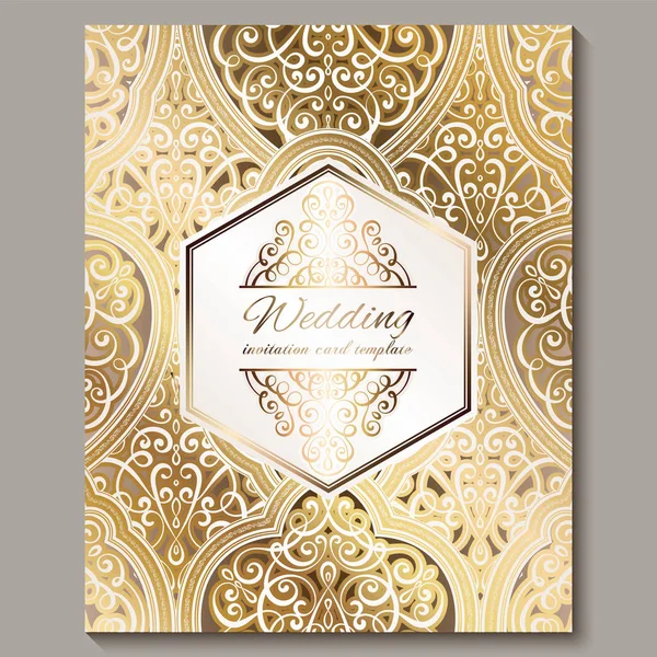 Zaproszenia ślubne z złoty błyszczący wschodniej i barok bogaty liści. Kwiecisty tło islamskie dla projektu. Islam, arabski, indyjski, Dubai. — Wektor stockowy