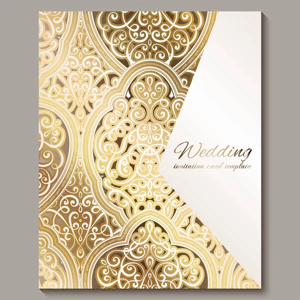 सोने चमकदार पूर्वी और बारोक समृद्ध पत्ते के साथ शादी का निमंत्रण कार्ड। अपने डिजाइन के लिए अलंकृत इस्लामी पृष्ठभूमि। इस्लाम, अरबी, भारतीय, दुबई . — स्टॉक वेक्टर