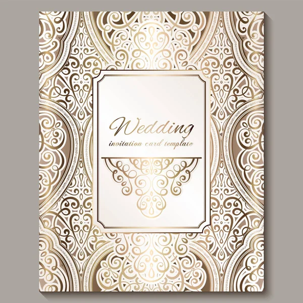 Tarjeta de invitación de boda con oro brillante follaje rico oriental y barroco. Fondo islámico adornado para su diseño. Islam, árabe, indio, Dubai . — Archivo Imágenes Vectoriales