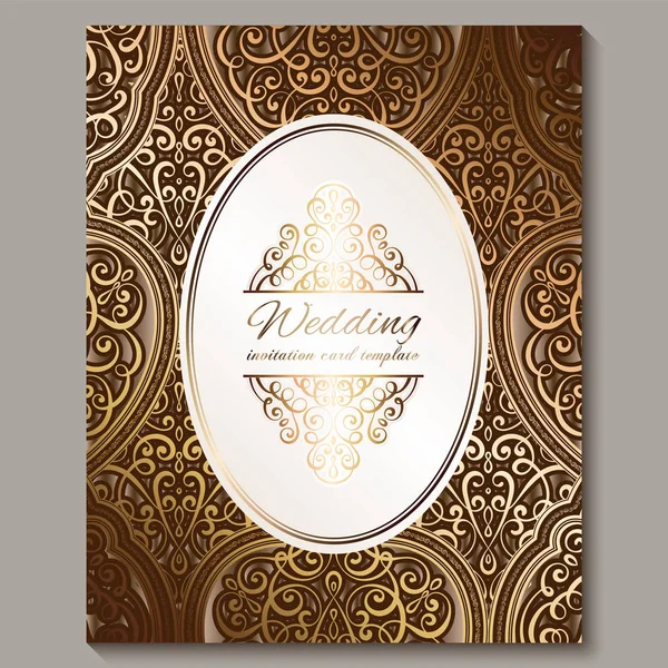 Bronz ve altın parlak doğu ve barok zengin yaprakları ile Düğün davetiye kartı. Tasarımınız için süslü İslami arka plan. İslam, Arapça, Hint, Dubai. — Stok Vektör