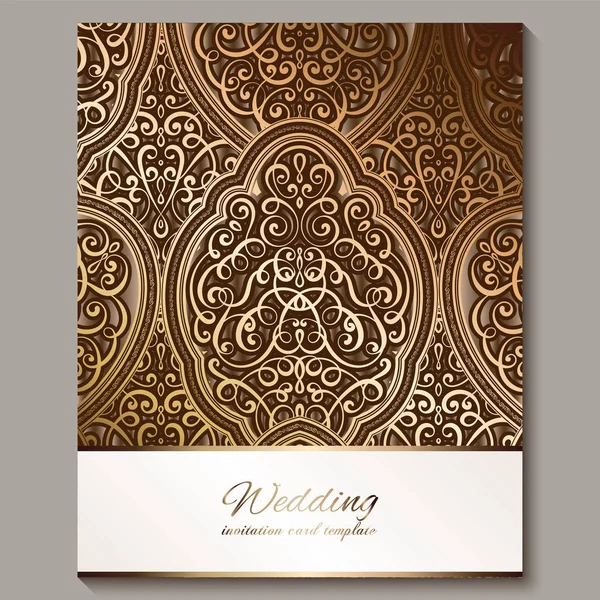Bruiloft uitnodigingskaart met bronzen en gouden glanzende Oosterse en barokke rijke loof. Sierlijke islamitische achtergrond voor uw ontwerp. Islam, Arabisch, Indisch, Dubai. — Stockvector