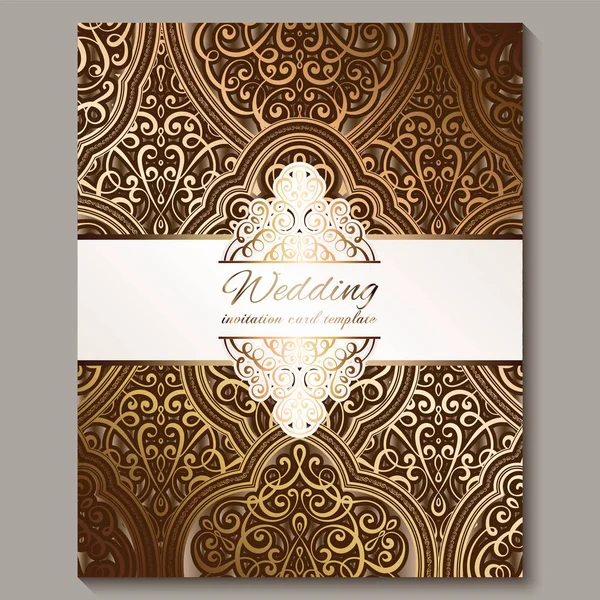 Bruiloft uitnodigingskaart met bronzen en gouden glanzende Oosterse en barokke rijke loof. Sierlijke islamitische achtergrond voor uw ontwerp. Islam, Arabisch, Indisch, Dubai. — Stockvector