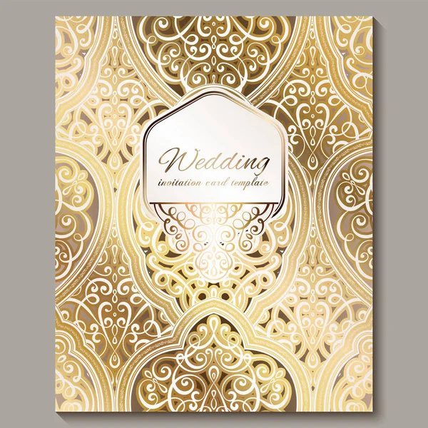 Wedding invitation card with gold shiny eastern and baroque rich foliage. Ornate islamic background for your design. Islam, Arabic, Indian, Dubai. — Stock Vector