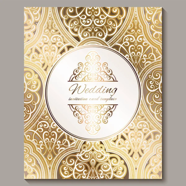 Tarjeta de invitación de boda con oro brillante follaje rico oriental y barroco. Fondo islámico adornado para su diseño. Islam, árabe, indio, Dubai . — Archivo Imágenes Vectoriales