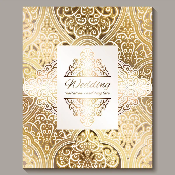 Cartão de convite de casamento com ouro brilhante oriental e barroco rica folhagem. Ornate fundo islâmico para o seu projeto. Islã, árabe, indiano, Dubai . — Vetor de Stock